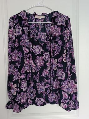 LOFT Navy Blouse with Purple Floral Tie-Neck
